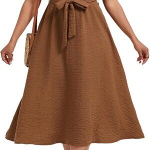 Women's Summer Casual A-Line Midi Dress Polyester V Neck Short Sleeve Belted